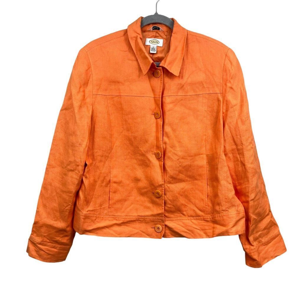 Talbots Womens Irish Linen Jacket Collared Button Up Pockets Lined Orange Sz 14*